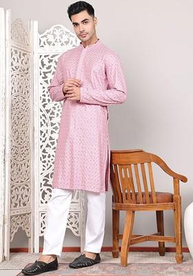 Magenta Embroidered Poly Blend Kurta Set For Men