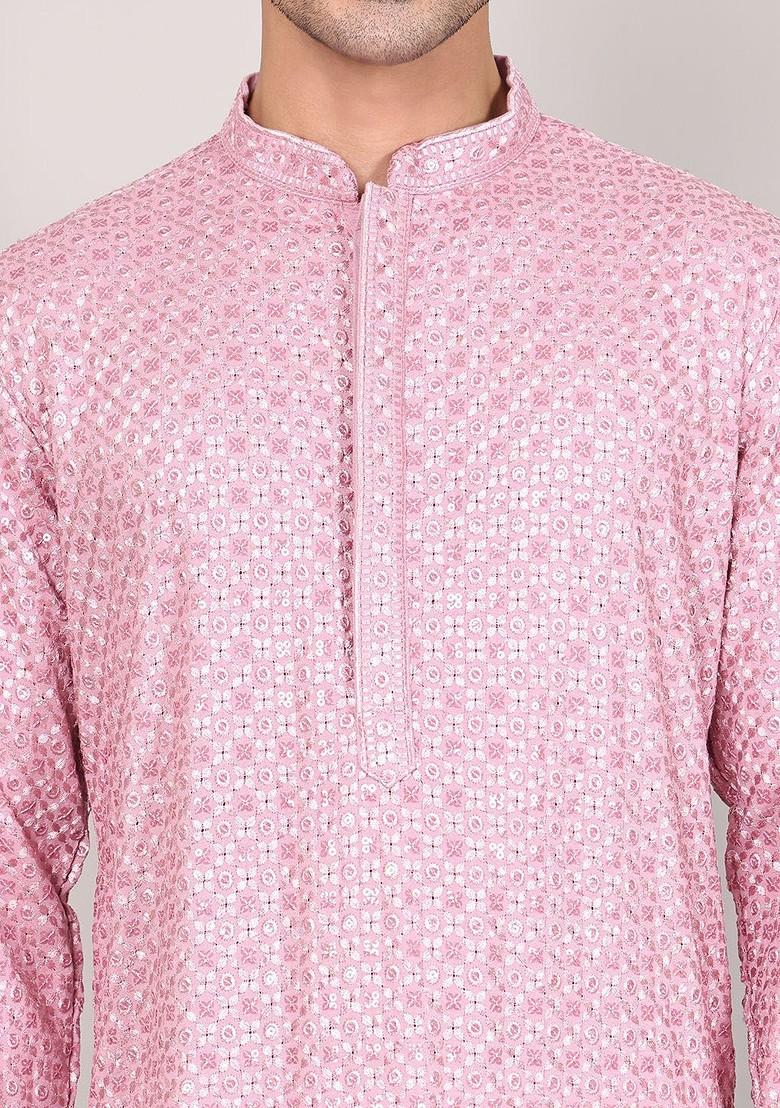 Magenta Embroidered Poly Blend Kurta Set For Men