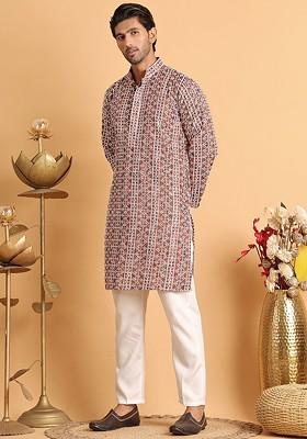 Brown Embroidered Poly Blend Kurta Set For Men