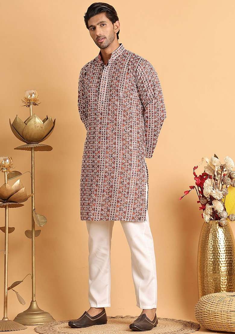 Brown Embroidered Poly Blend Kurta Set For Men - Indya