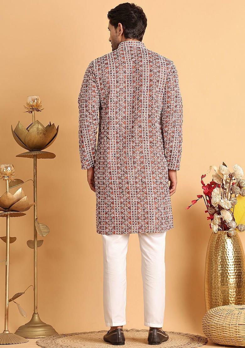 Brown Embroidered Poly Blend Kurta Set For Men