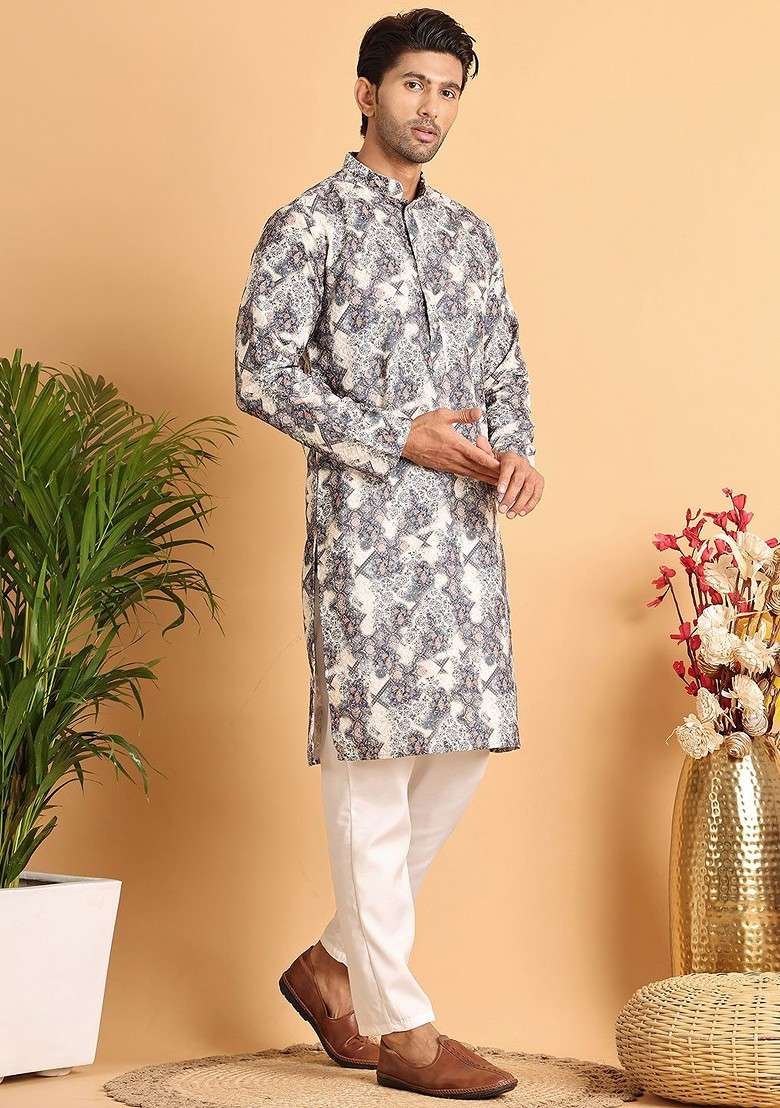 Grey Printed Poly Blend Kurta Set For Men - Indya