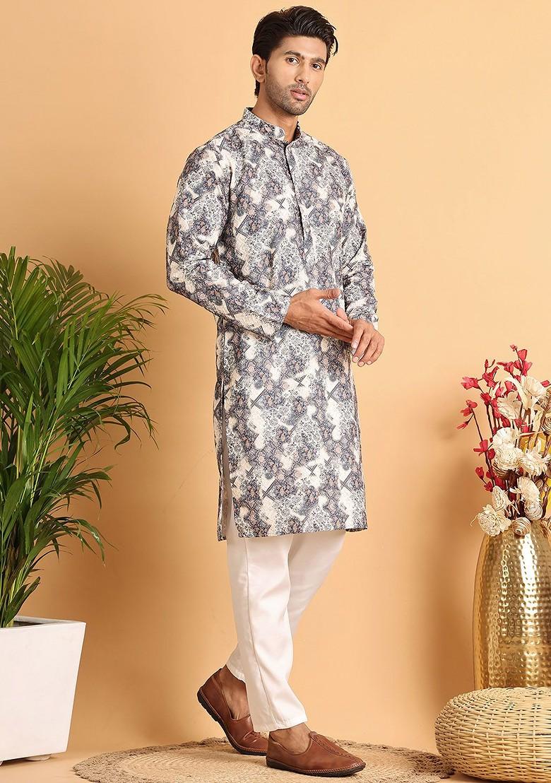 Grey Printed Poly Blend Kurta Set For Men