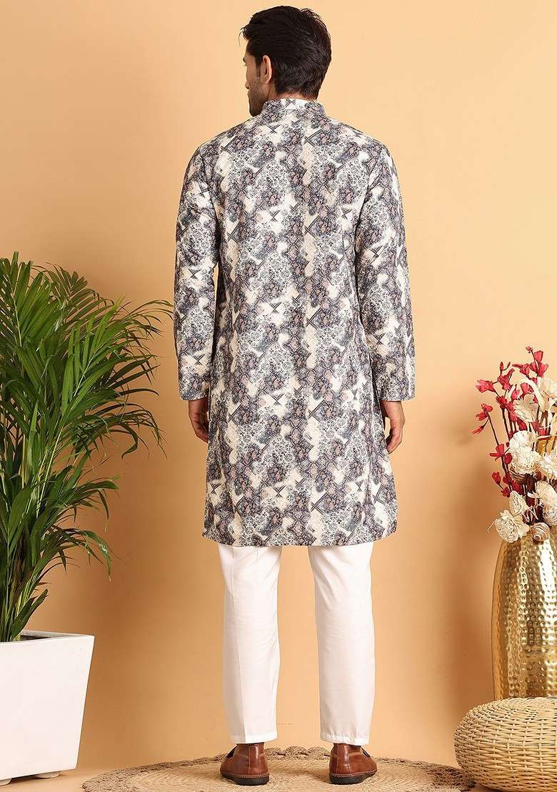 Grey Printed Poly Blend Kurta Set For Men - Indya
