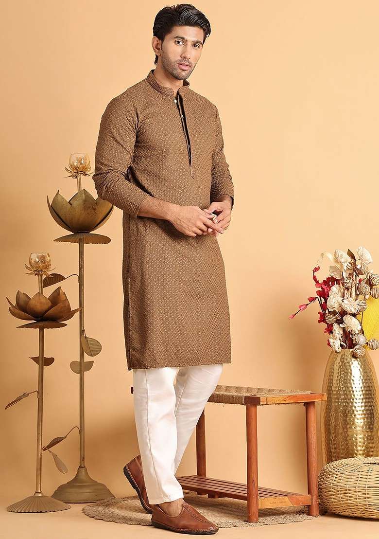 Brown Embroidered Poly Blend Kurta Set For Men - Indya