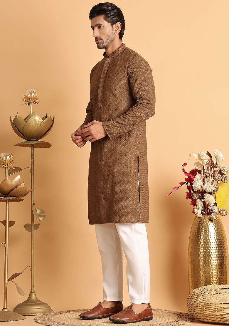 Brown Embroidered Poly Blend Kurta Set For Men - Indya