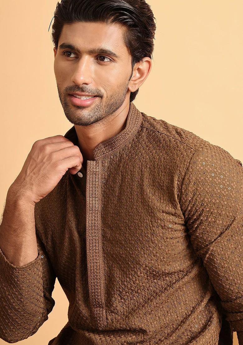 Brown Embroidered Poly Blend Kurta Set For Men