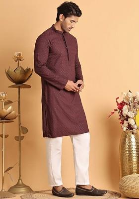 Brown Embroidered Poly Blend Kurta Set For Men