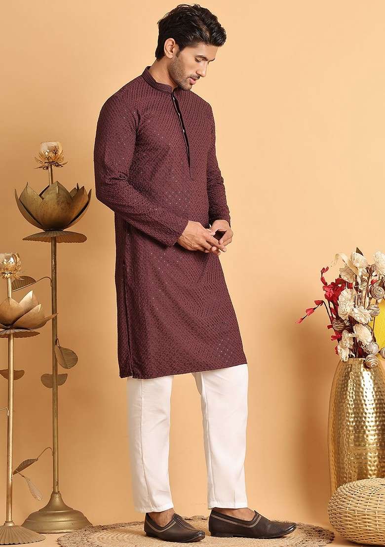 Brown Embroidered Poly Blend Kurta Set For Men - Indya