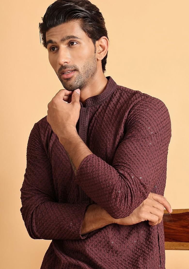 Brown Embroidered Poly Blend Kurta Set For Men