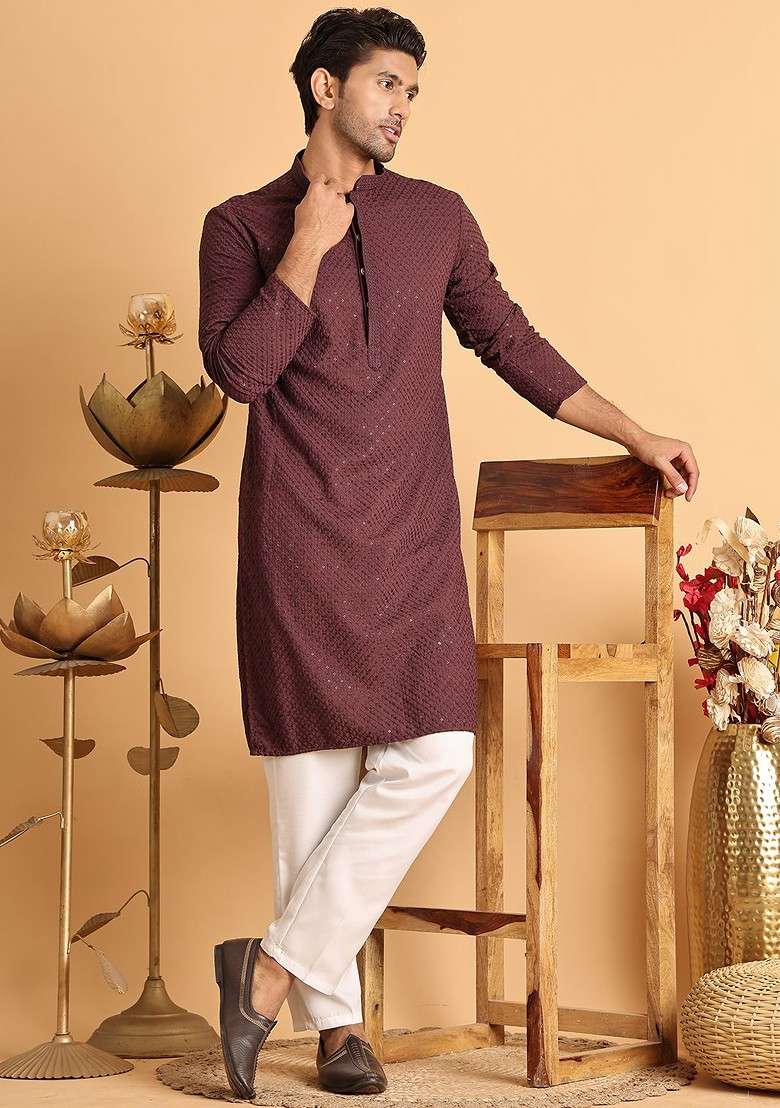 Brown Embroidered Poly Blend Kurta Set For Men - Indya