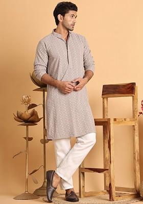 Beige Embroidered Poly Blend Kurta Set For Men