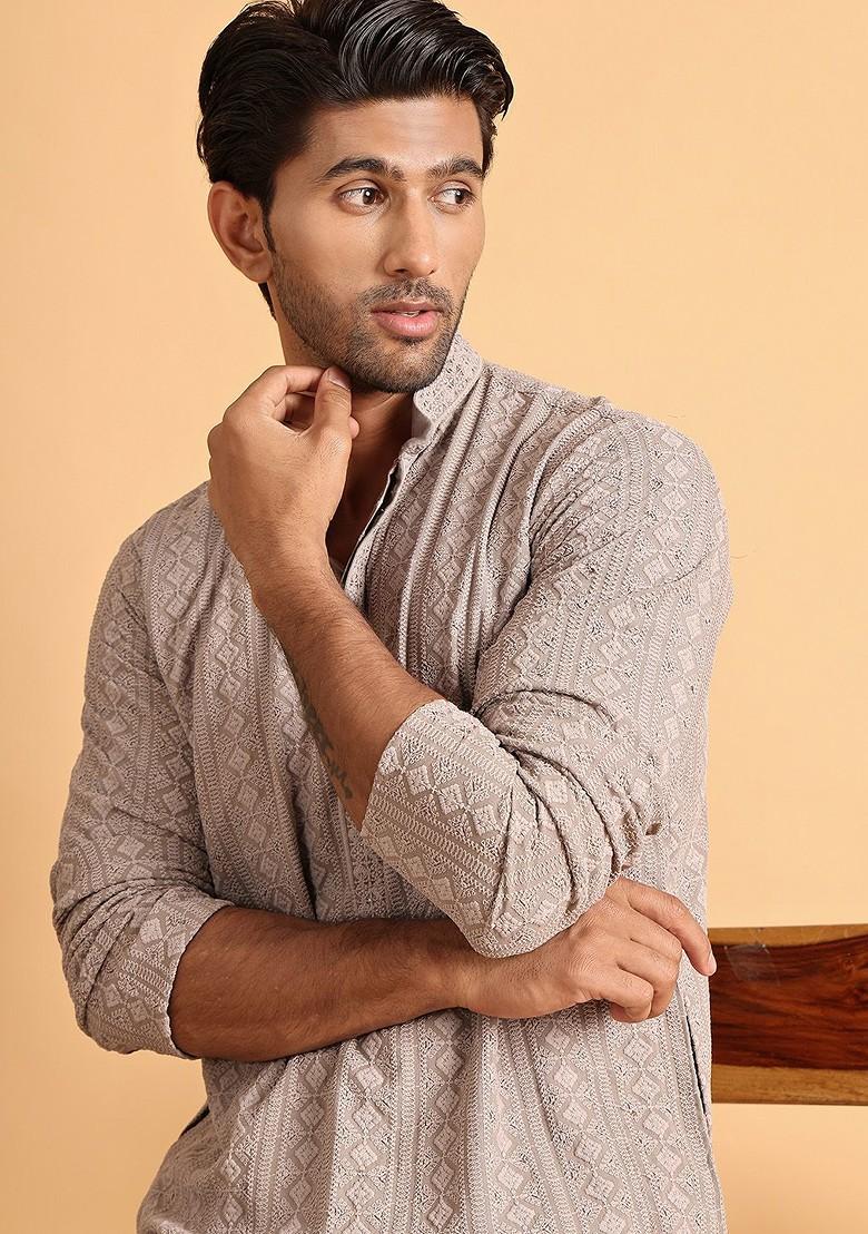 Beige Embroidered Poly Blend Kurta Set For Men