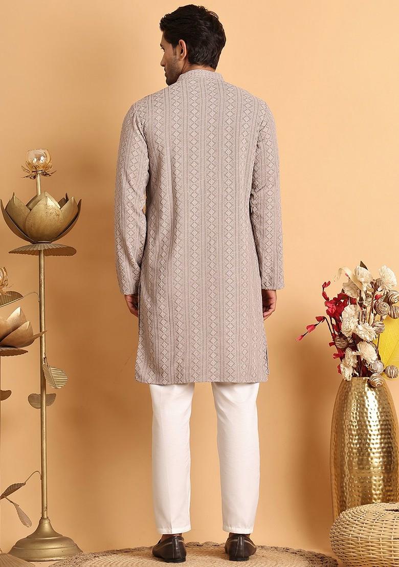 Beige Embroidered Poly Blend Kurta Set For Men