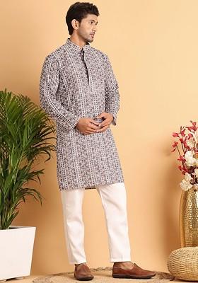 Coffee Brown Embroidered Poly Blend Kurta Set For Men