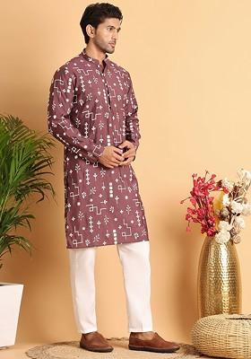 Brown Embroidered Poly Blend Kurta Set For Men