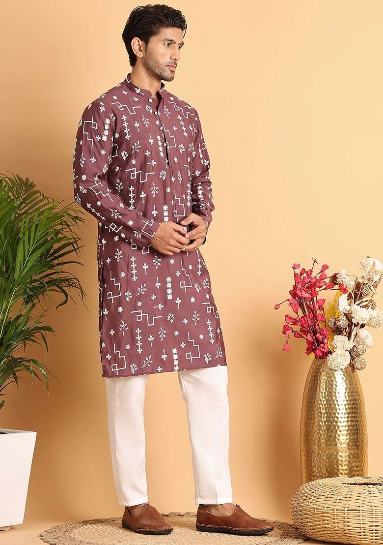 Brown Embroidered Poly Blend Kurta Set For Men - Indya