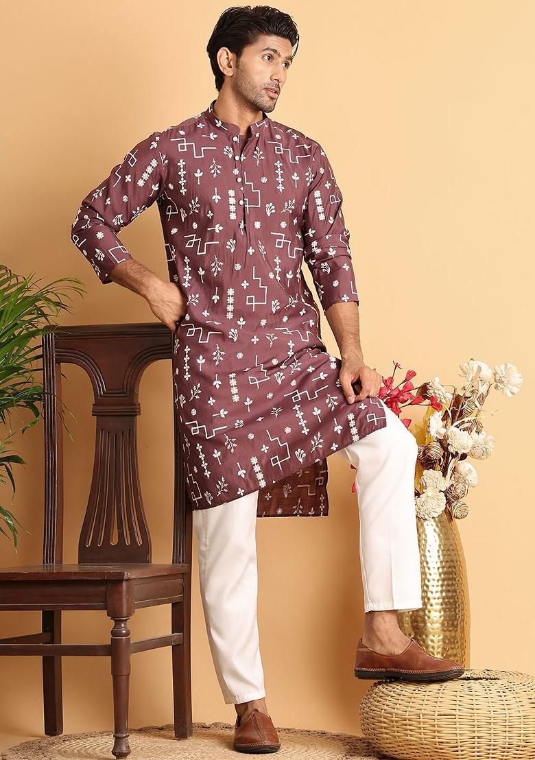 Brown Embroidered Poly Blend Kurta Set For Men