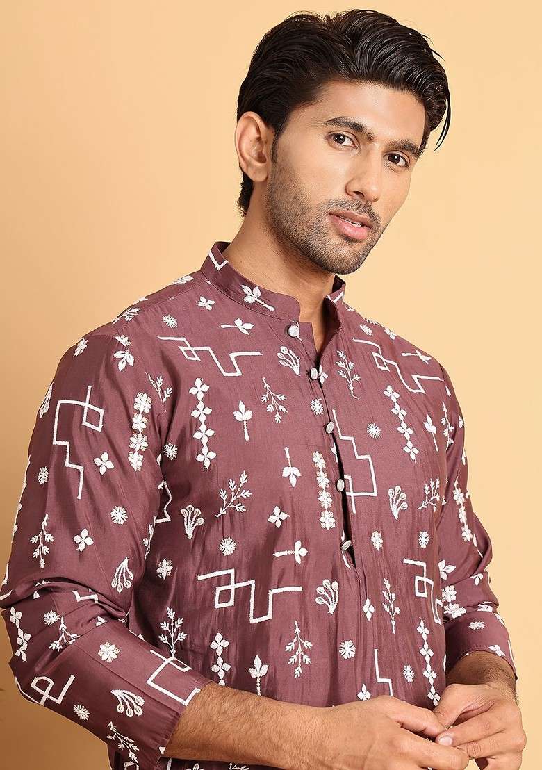 Brown Embroidered Poly Blend Kurta Set For Men - Indya