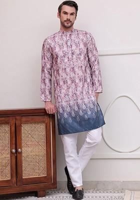 Magenta Printed Poly Blend Kurta Set For Men