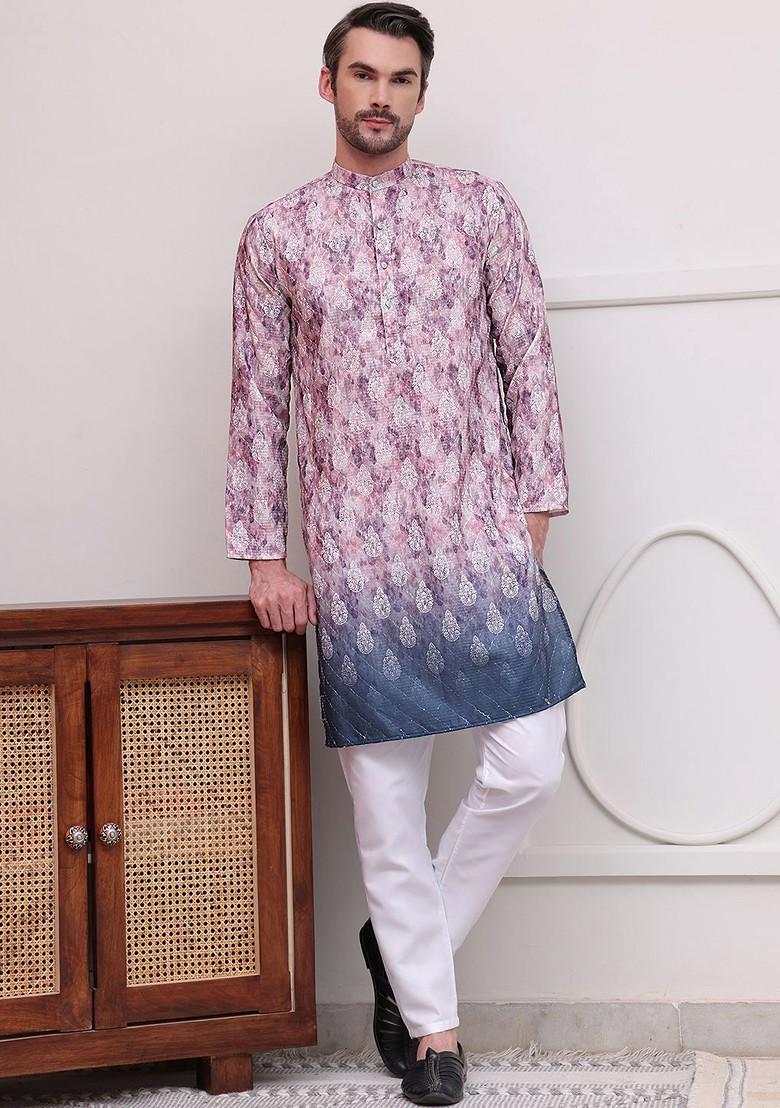Magenta Printed Poly Blend Kurta Set For Men