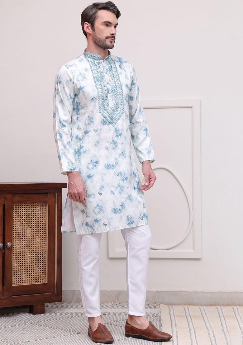 Turquoise Blue Printed Poly Blend Kurta Set For Men