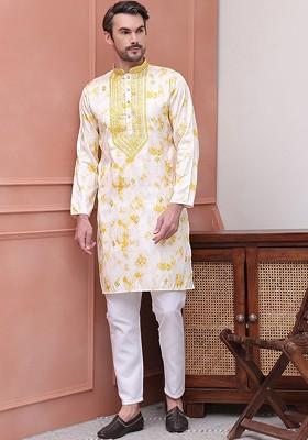 Yellow Printed Poly Blend Kurta Set For Men