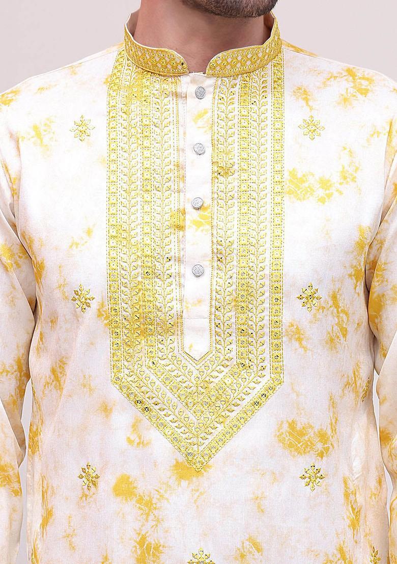 Yellow Printed Poly Blend Kurta Set For Men