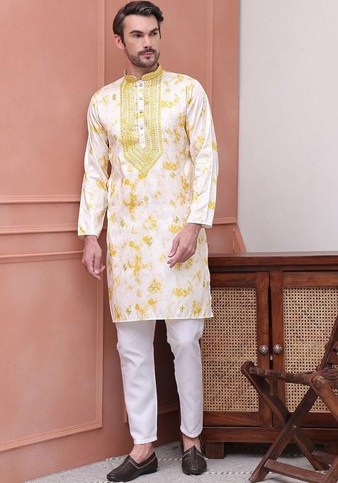 Yellow Printed Poly Blend Kurta Set For Men