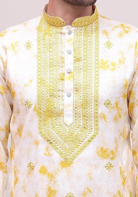 Yellow Printed Poly Blend Kurta Set For Men