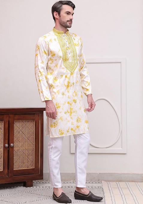 Yellow Printed Poly Blend Kurta Set For Men