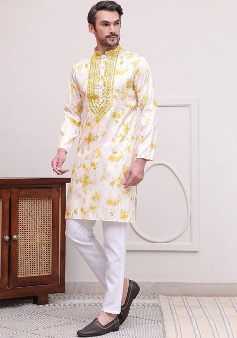 Yellow Printed Poly Blend Kurta Set For Men