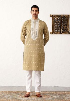 Beige Embroidered Poly Blend Kurta Set For Men