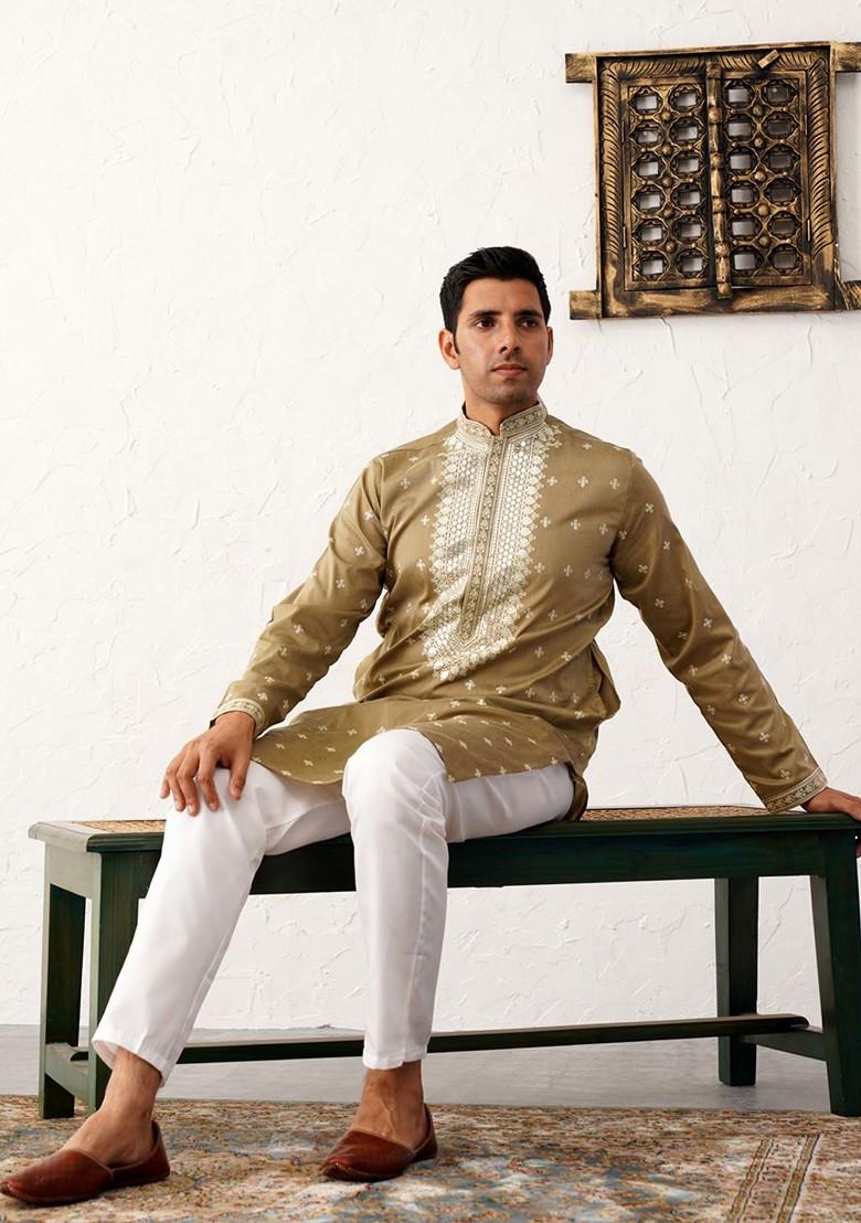 Beige Embroidered Poly Blend Kurta Set For Men