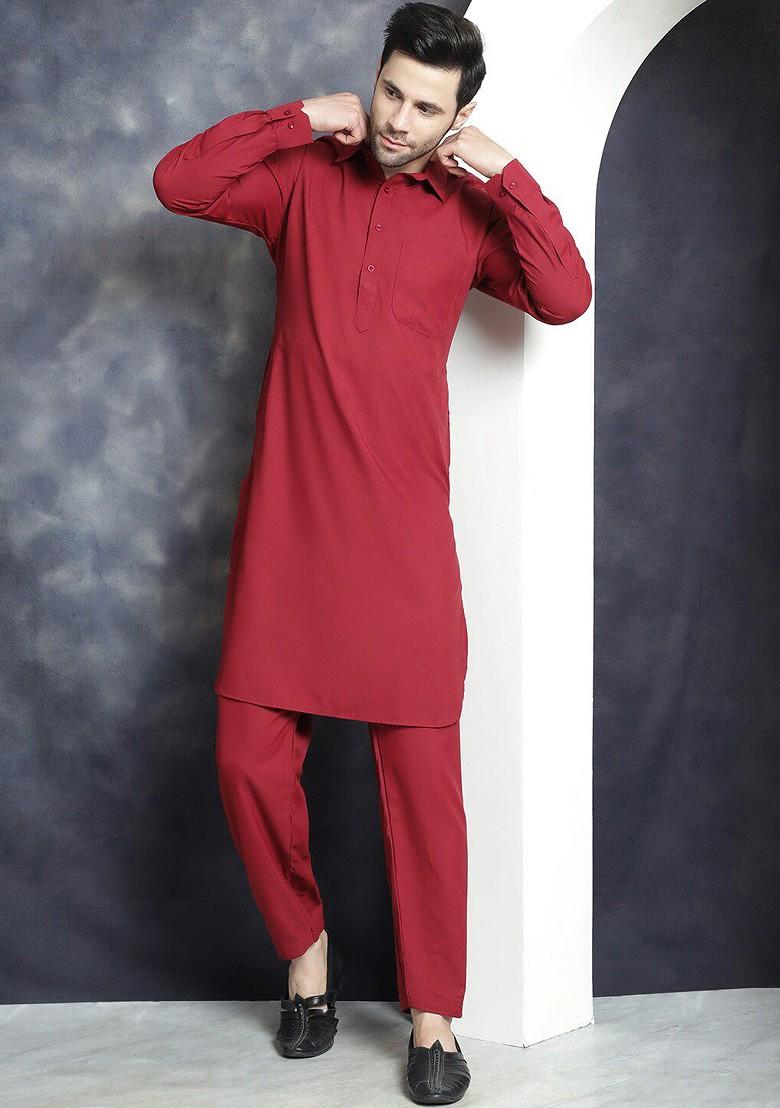 Maroon Embroidered Poly Blend Kurta Set For Men