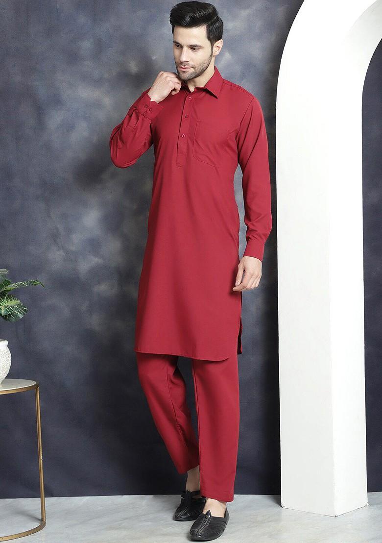 Maroon Embroidered Poly Blend Kurta Set For Men