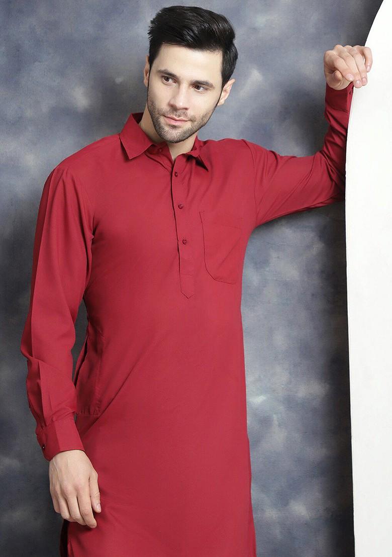 Maroon Embroidered Poly Blend Kurta Set For Men