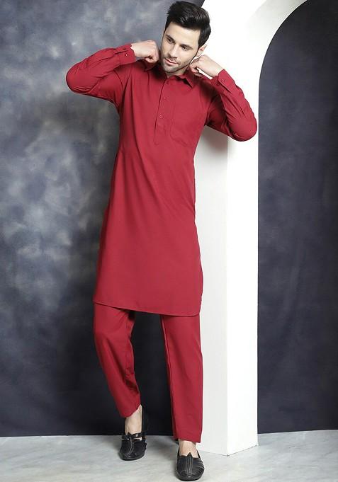 Maroon Embroidered Poly Blend Kurta Set For Men