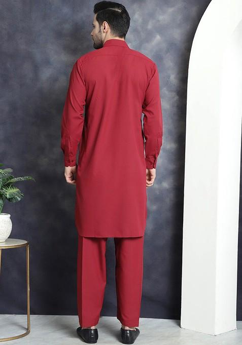 Maroon Embroidered Poly Blend Kurta Set For Men