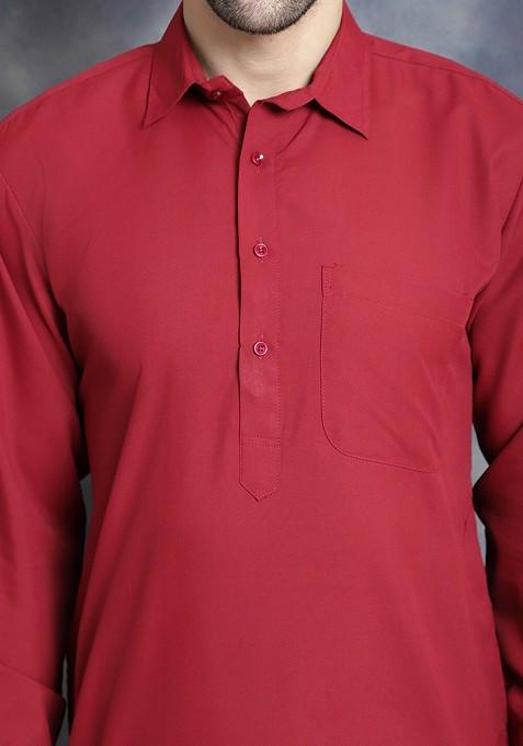 Maroon Embroidered Poly Blend Kurta Set For Men