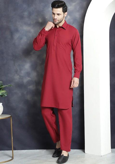 Maroon Embroidered Poly Blend Kurta Set For Men