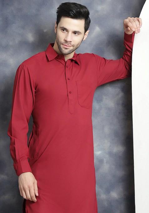 Maroon Embroidered Poly Blend Kurta Set For Men
