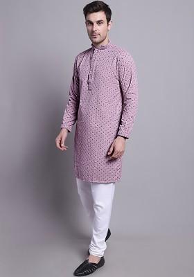 Lavender Embroidered Poly Blend Kurta Set For Men