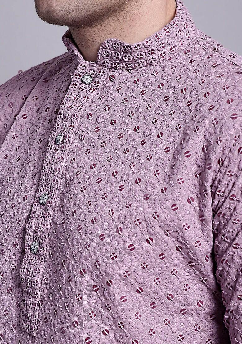 Lavender Embroidered Poly Blend Kurta Set For Men