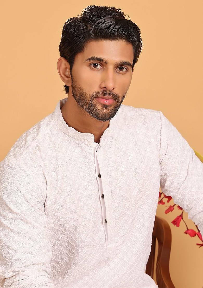 White Embroidered Poly Blend Kurta Set For Men