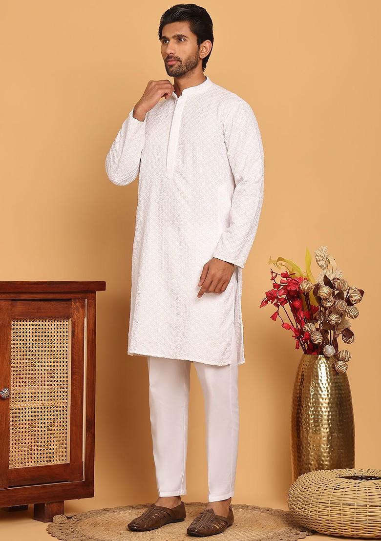 White Embroidered Poly Blend Kurta Set For Men