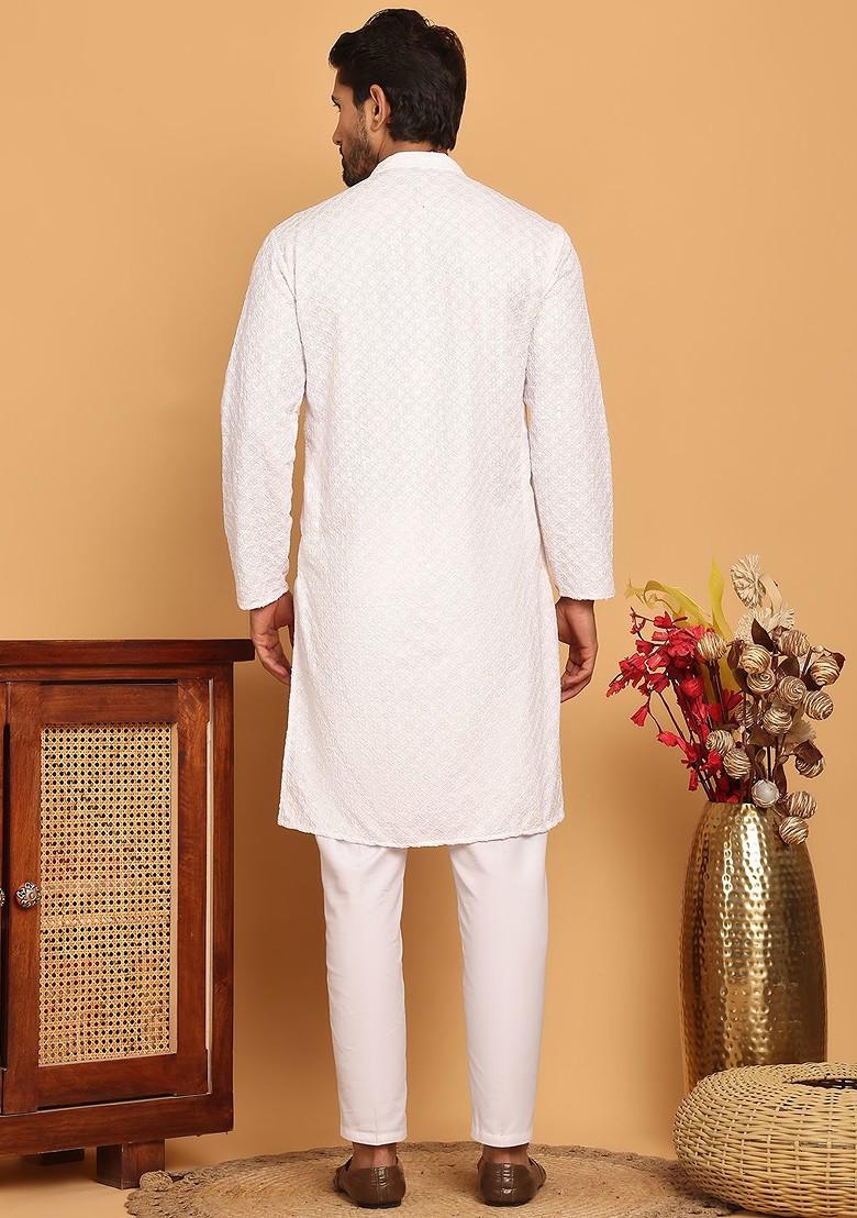 White Embroidered Poly Blend Kurta Set For Men