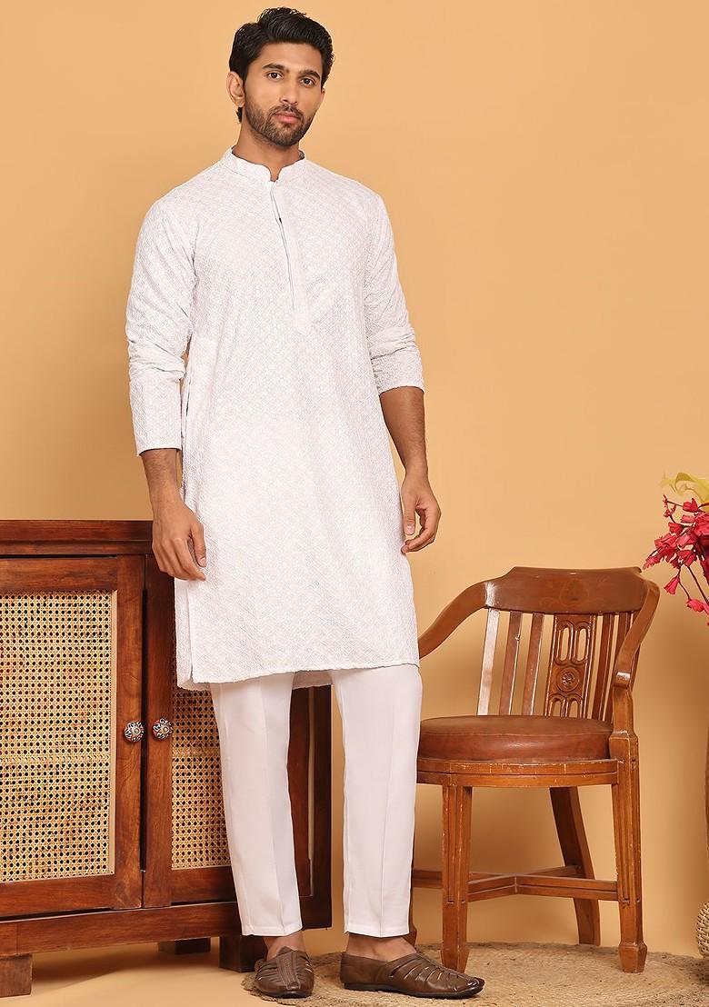 White Embroidered Poly Blend Kurta Set For Men