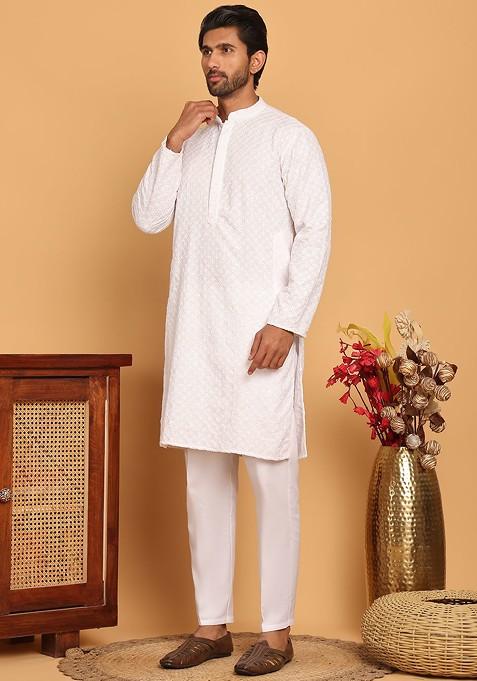 White Embroidered Poly Blend Kurta Set For Men