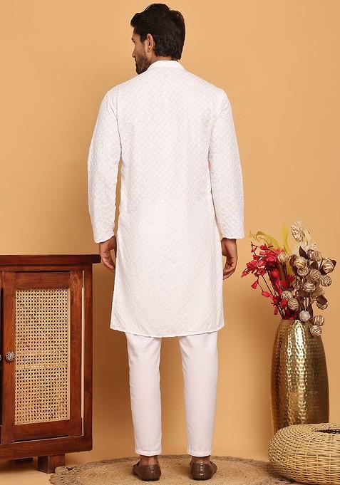 White Embroidered Poly Blend Kurta Set For Men